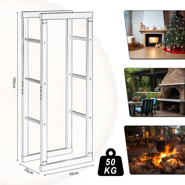 Black Firewood Rack Indoor Outdoor Metal Wood Stacking Aid Wooden Shelter