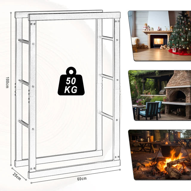 Black Firewood Rack Indoor Outdoor Metal Wood Stacking Aid Wooden Shelter