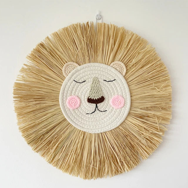 Nordic Handmade Lion Wall Decor Cotton Thread Straw Woven Animal Head Wall Hanging Ornament for Nursery Baby Room Decoration