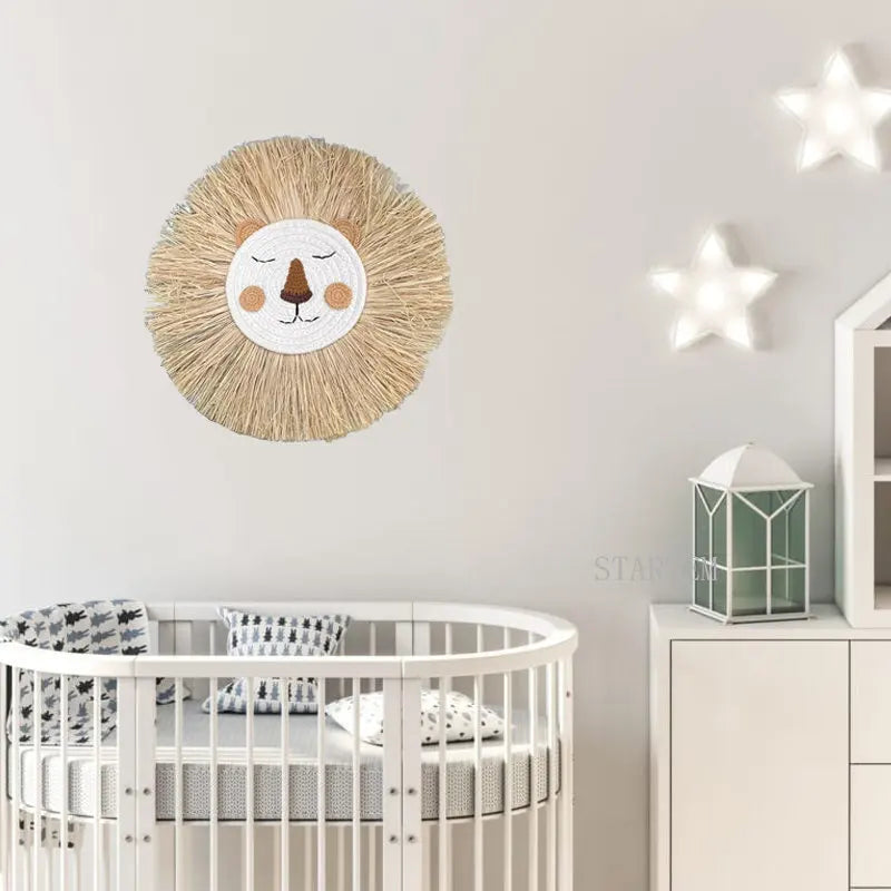 Nordic Handmade Lion Wall Decor Cotton Thread Straw Woven Animal Head Wall Hanging Ornament for Nursery Baby Room Decoration