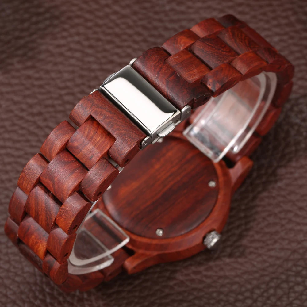 Red Wood/Maple Wood/Ebony Full Wood Quartz Men's Wristwatch with Rose Gold Pointers