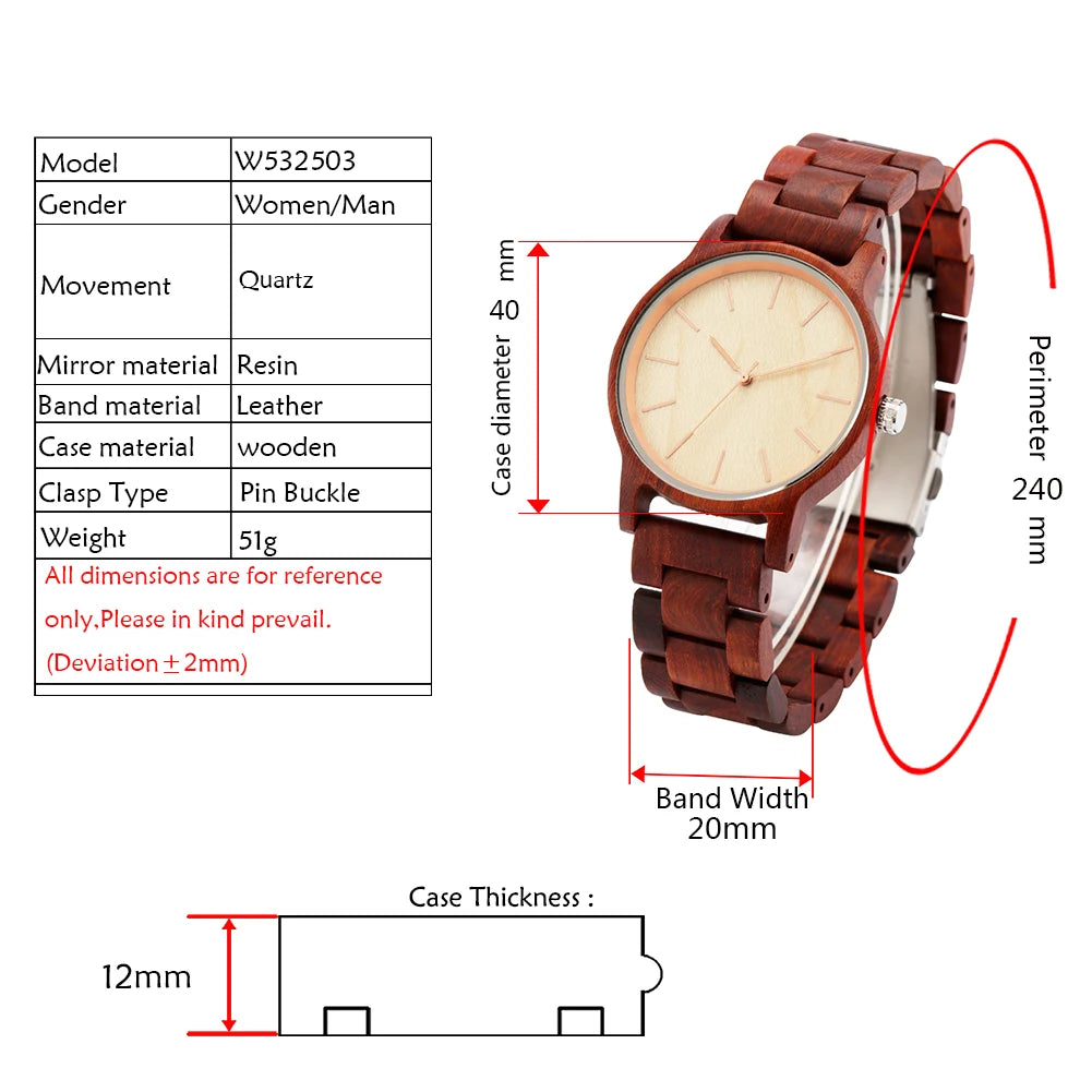 Red Wood/Maple Wood/Ebony Full Wood Quartz Men's Wristwatch with Rose Gold Pointers