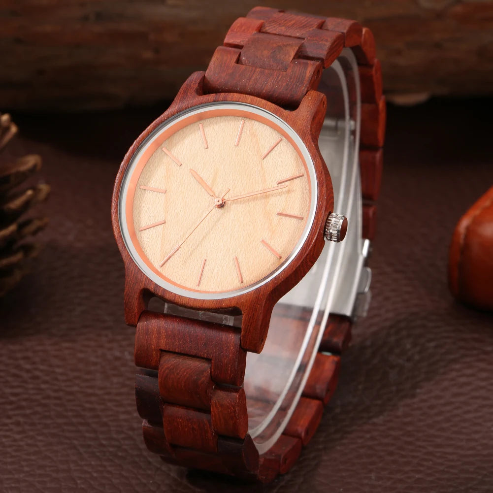 Red Wood/Maple Wood/Ebony Full Wood Quartz Men's Wristwatch with Rose Gold Pointers