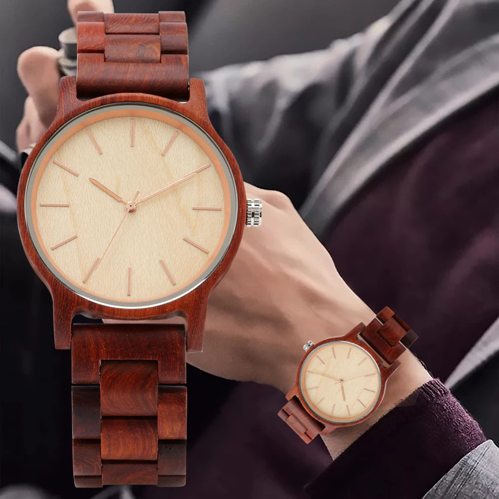 Red Wood/Maple Wood/Ebony Full Wood Quartz Men's Wristwatch with Rose Gold Pointers
