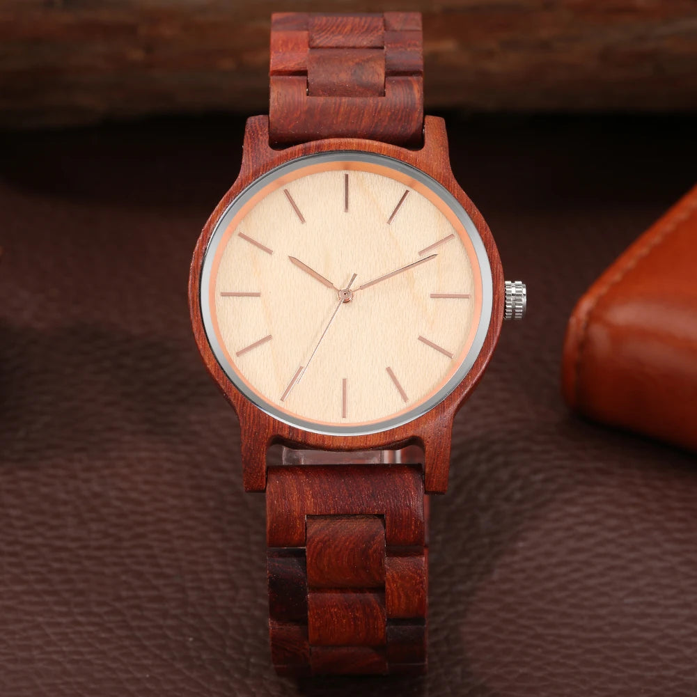 Red Wood/Maple Wood/Ebony Full Wood Quartz Men's Wristwatch with Rose Gold Pointers