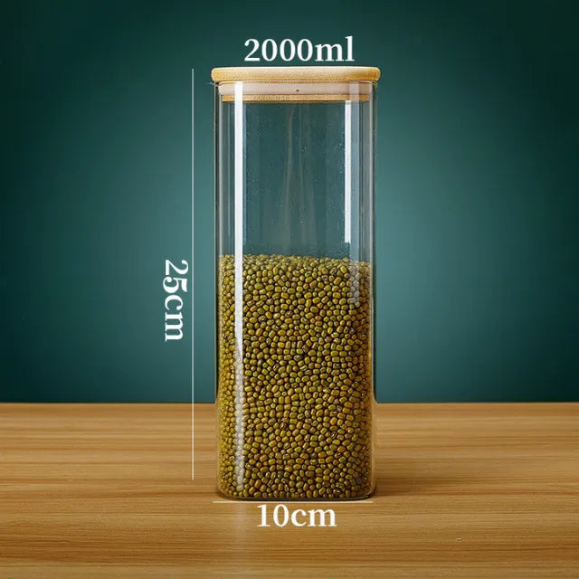 Bocaux de rangement carrés en verre avec couvercle en bambou