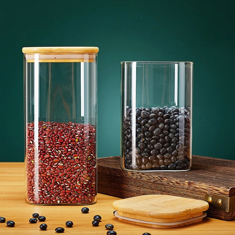 Bocaux de rangement carrés en verre avec couvercle en bambou