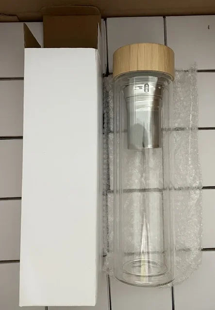 Stainless Steel Double Wall Glass Water Bottle with Bamboo Lid and Tea Infuser
