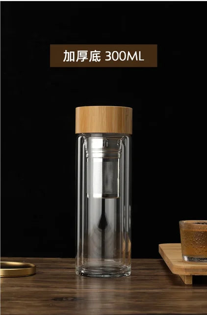 Stainless Steel Double Wall Glass Water Bottle with Bamboo Lid and Tea Infuser
