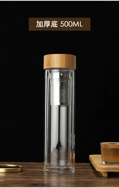 Stainless Steel Double Wall Glass Water Bottle with Bamboo Lid and Tea Infuser