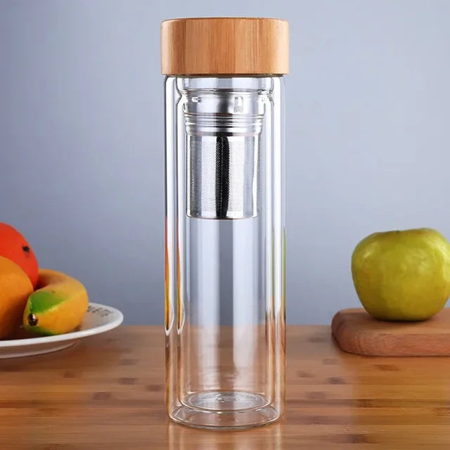 Stainless Steel Double Wall Glass Water Bottle with Bamboo Lid and Tea Infuser