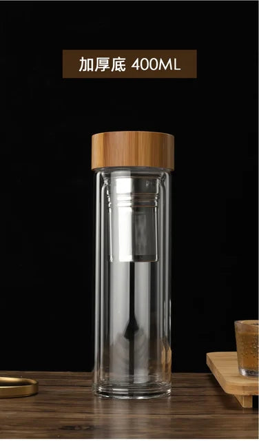 Stainless Steel Double Wall Glass Water Bottle with Bamboo Lid and Tea Infuser