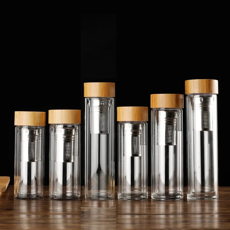 Stainless Steel Double Wall Glass Water Bottle with Bamboo Lid and Tea Infuser