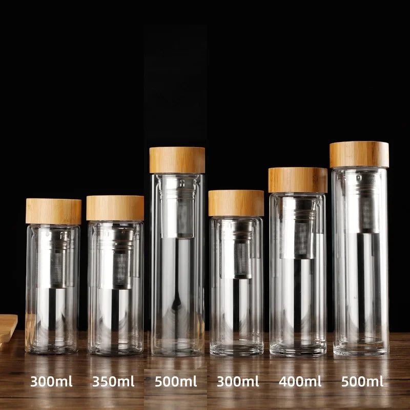Stainless Steel Double Wall Glass Water Bottle with Bamboo Lid and Tea Infuser