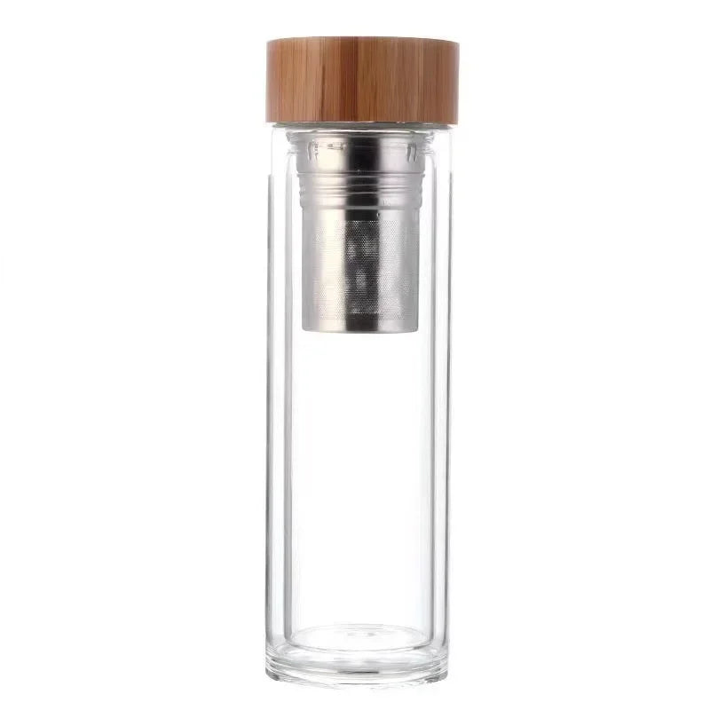 Stainless Steel Double Wall Glass Water Bottle with Bamboo Lid and Tea Infuser