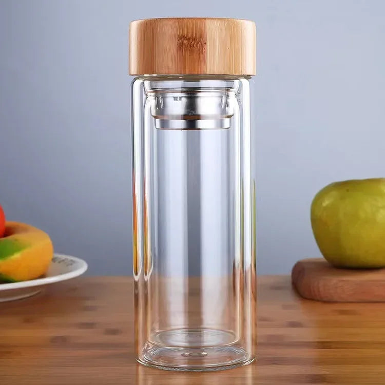 Stainless Steel Double Wall Glass Water Bottle with Bamboo Lid and Tea Infuser