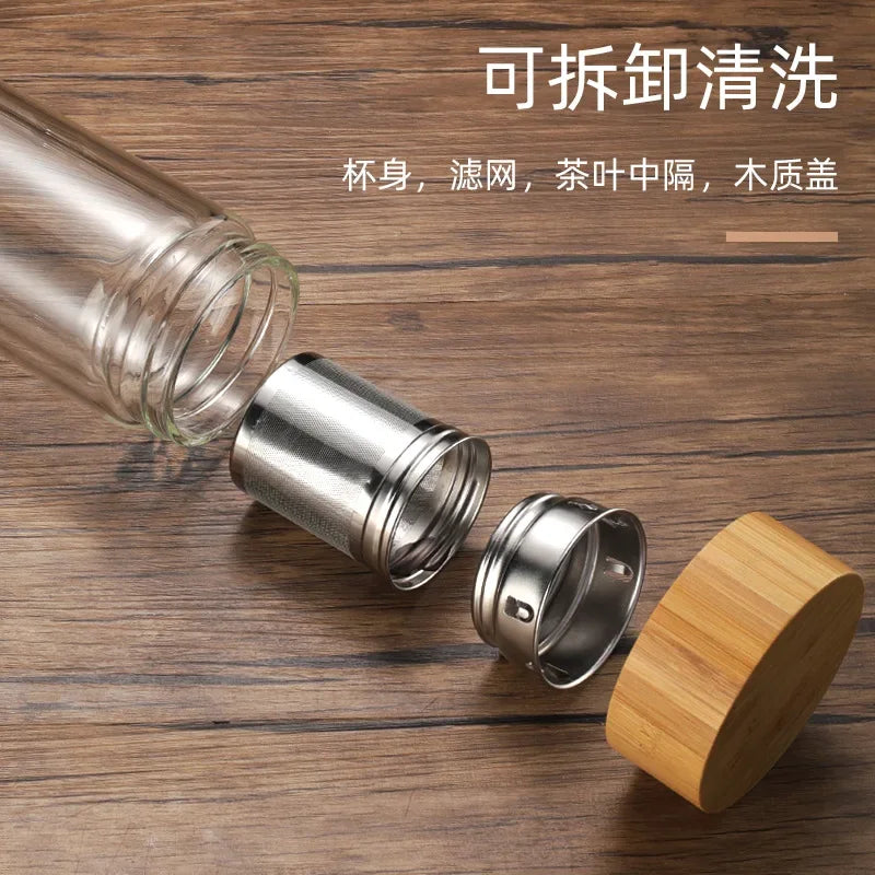 Stainless Steel Double Wall Glass Water Bottle with Bamboo Lid and Tea Infuser