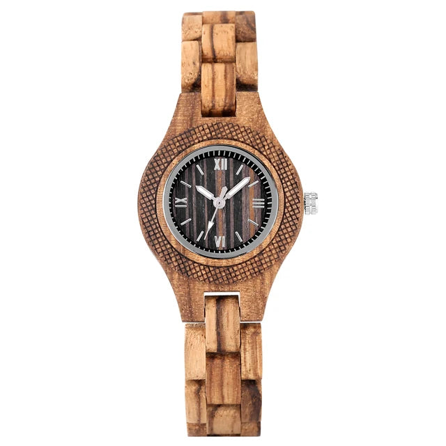 Trendy Tiny Round Dial Quartz Watch for Women Vintage Zebrawood Band Bracelet Ladies Wristwatch