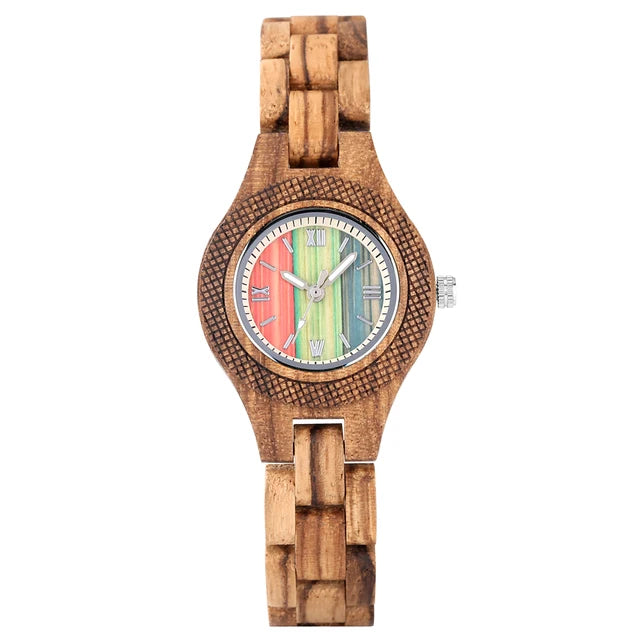 Trendy Tiny Round Dial Quartz Watch for Women Vintage Zebrawood Band Bracelet Ladies Wristwatch