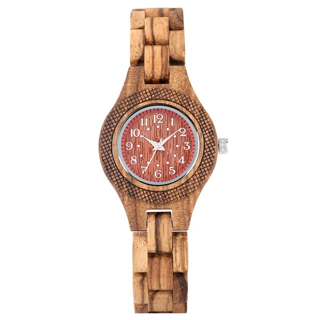 Trendy Tiny Round Dial Quartz Watch for Women Vintage Zebrawood Band Bracelet Ladies Wristwatch