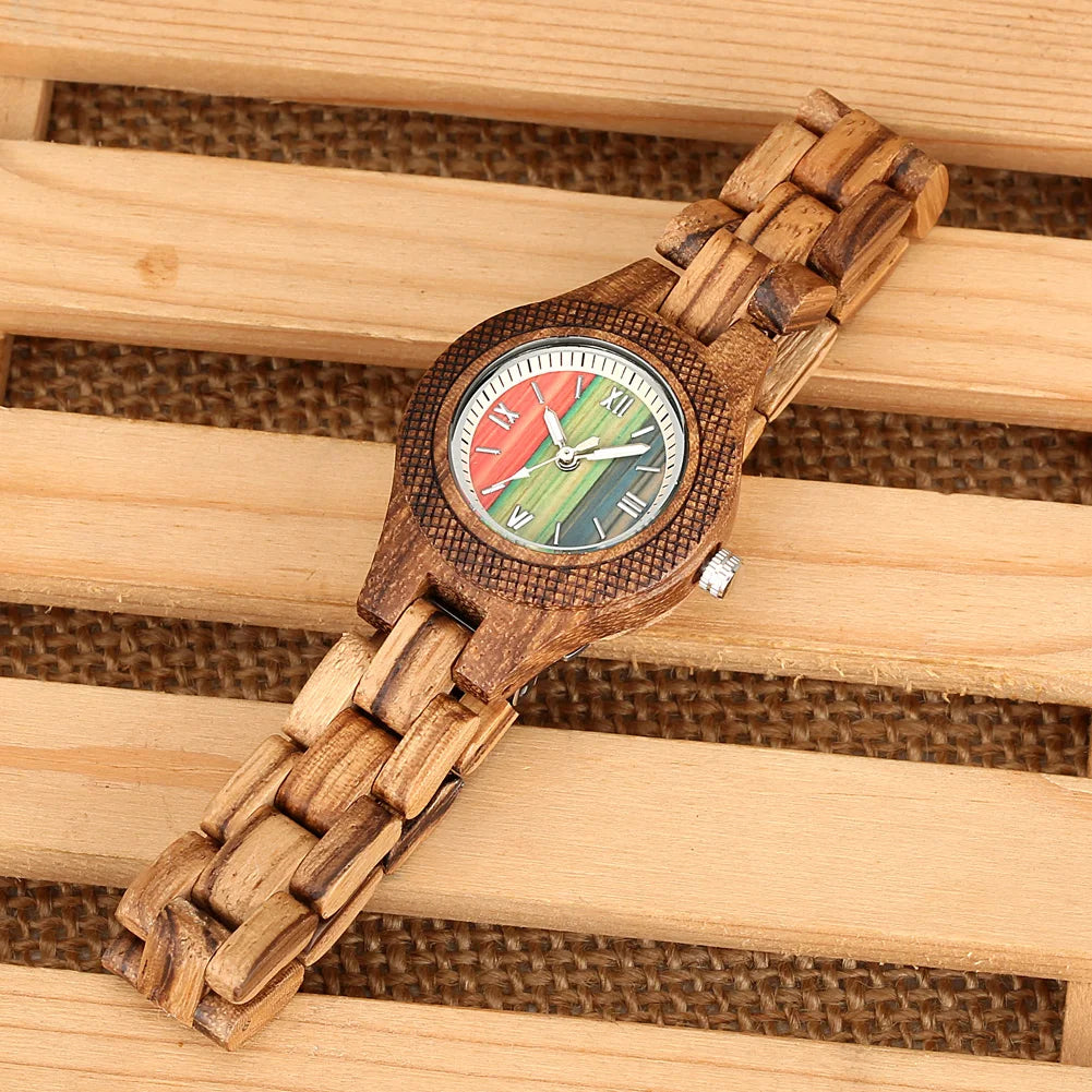 Trendy Tiny Round Dial Quartz Watch for Women Vintage Zebrawood Band Bracelet Ladies Wristwatch