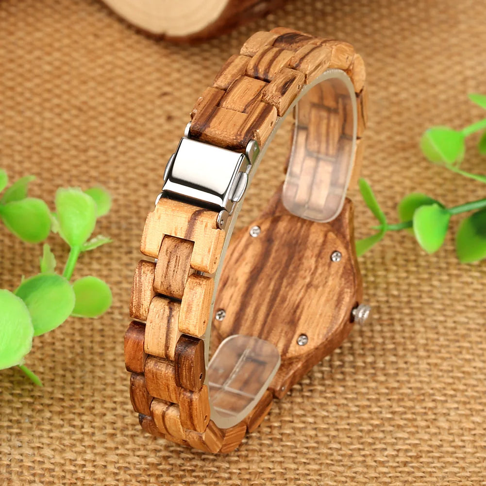 Trendy Tiny Round Dial Quartz Watch for Women Vintage Zebrawood Band Bracelet Ladies Wristwatch
