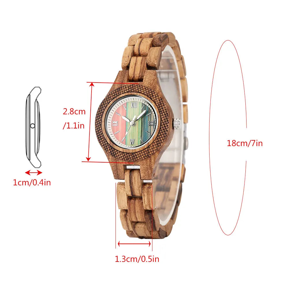 Trendy Tiny Round Dial Quartz Watch for Women Vintage Zebrawood Band Bracelet Ladies Wristwatch