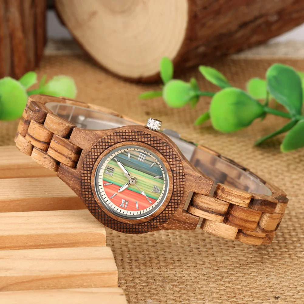 Trendy Tiny Round Dial Quartz Watch for Women Vintage Zebrawood Band Bracelet Ladies Wristwatch