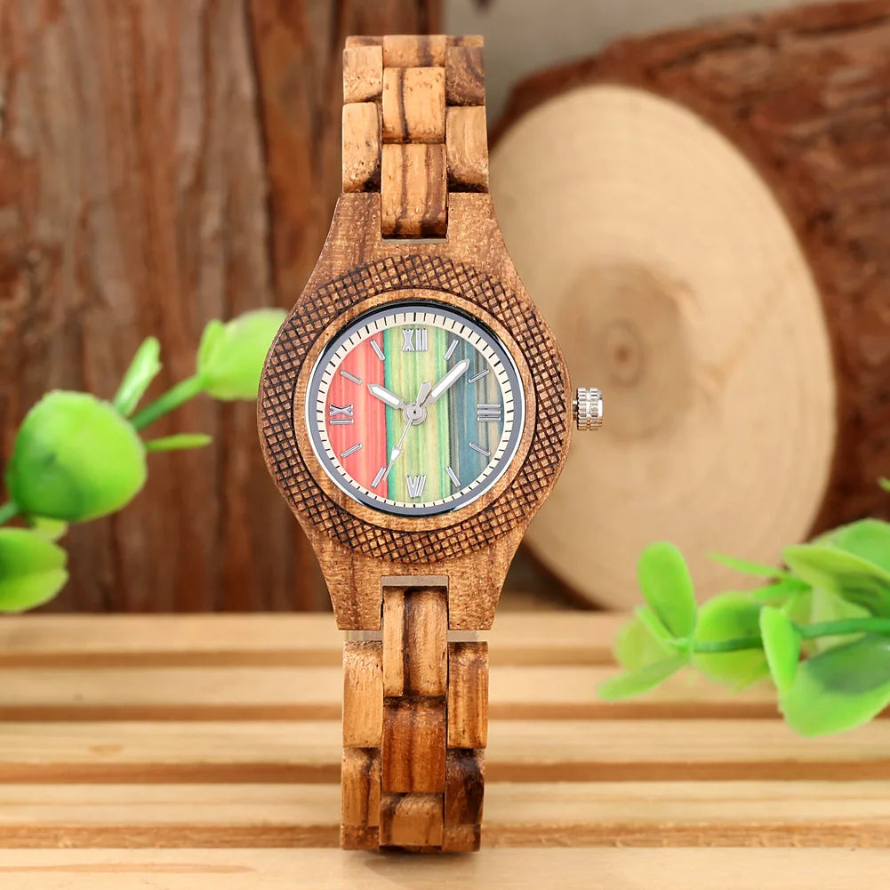 Trendy Tiny Round Dial Quartz Watch for Women Vintage Zebrawood Band Bracelet Ladies Wristwatch