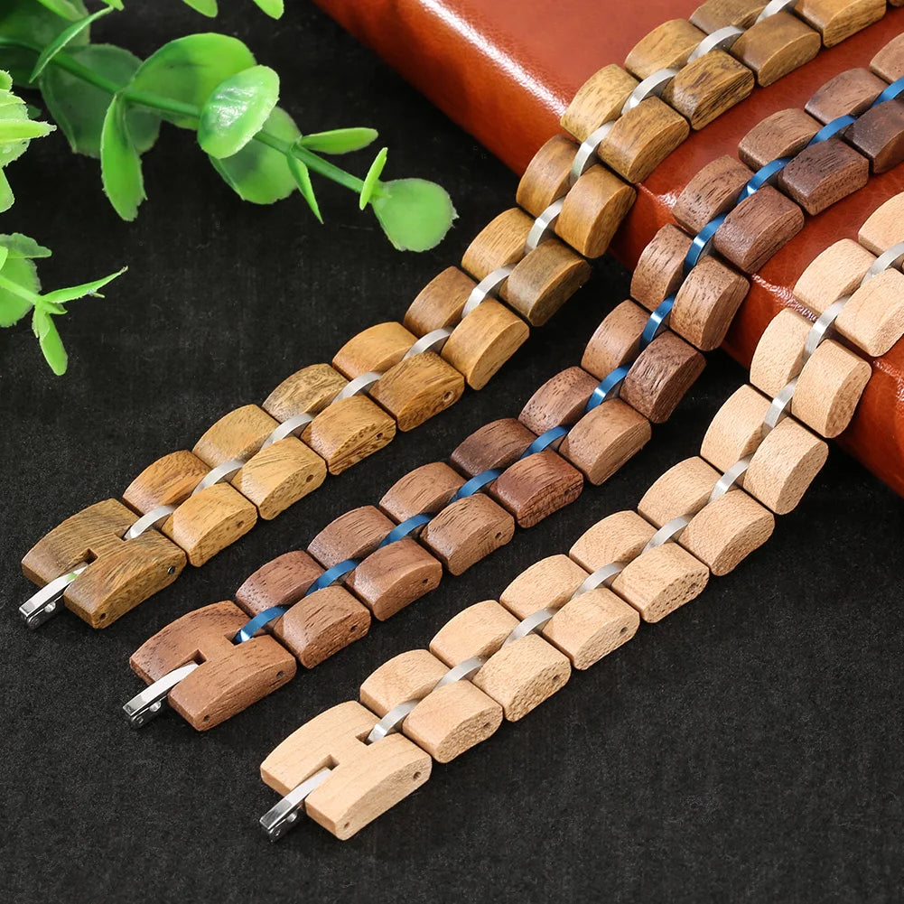 Vintage Wooden Mixed Stainless Steel Chain Wood Bracelet Men/Women