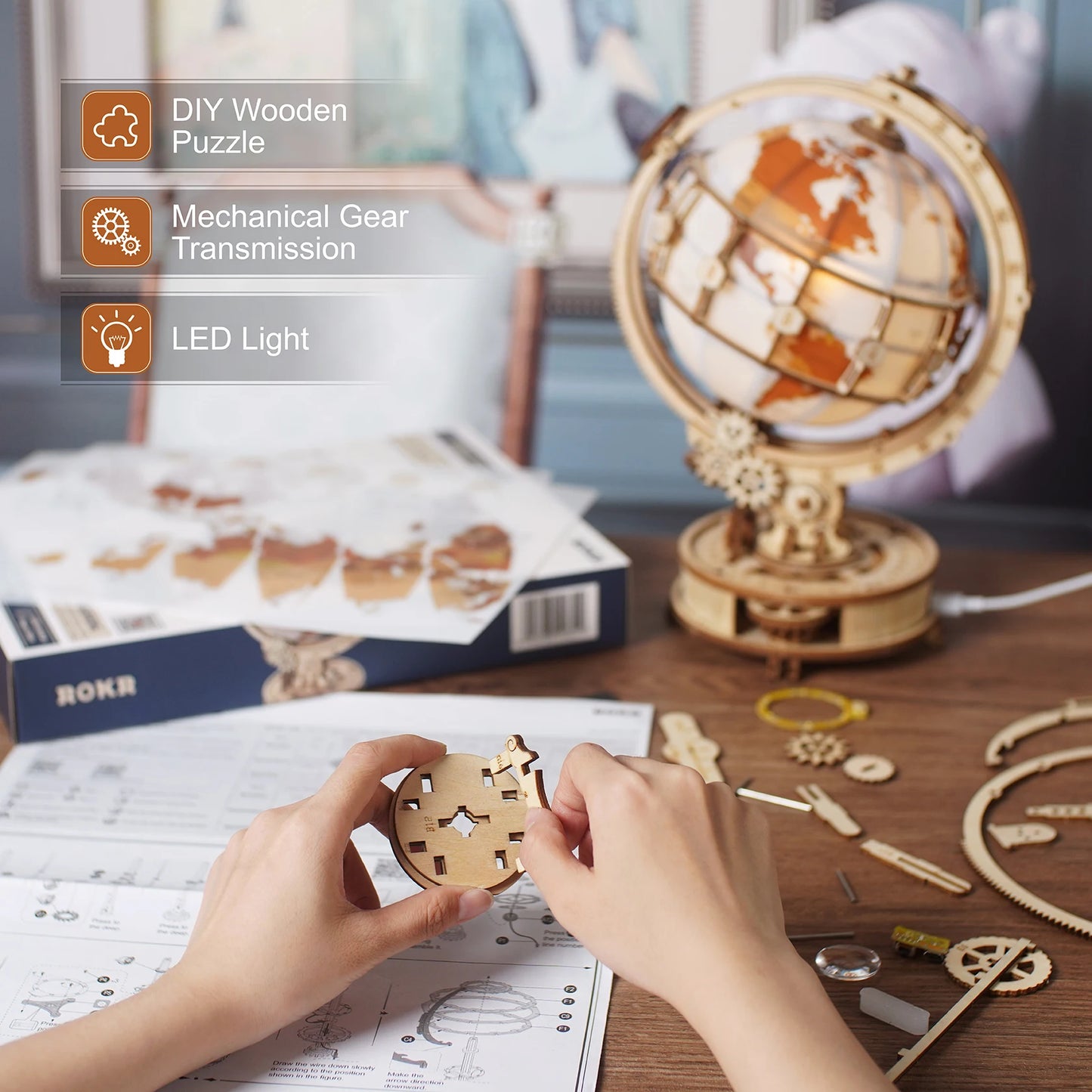 Wooden Globe Lamp 3D Puzzle Rotatable Globe Lamp – DIY Wooden Model Kit