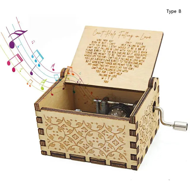 Wooden Hand-Cranked Music Box – "Can’t Help Falling in Love"