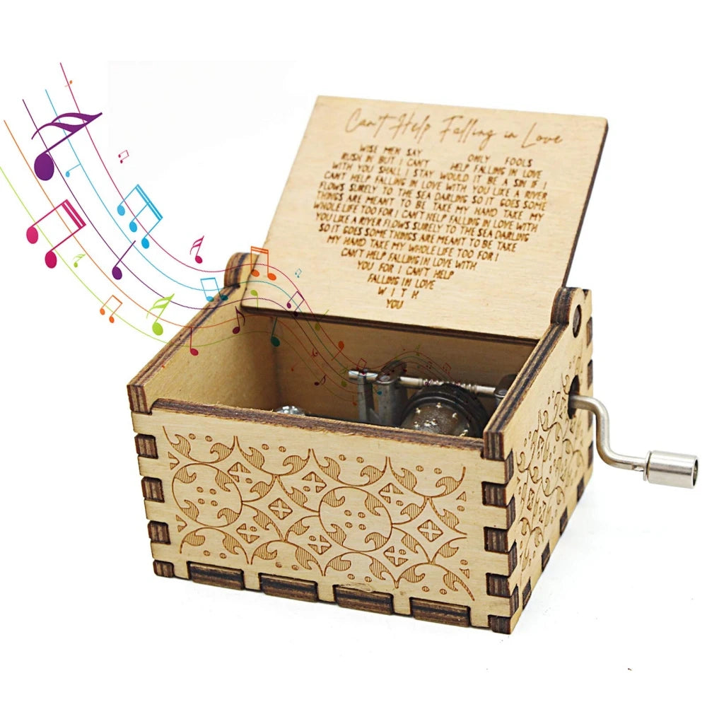 Wooden Hand-Cranked Music Box – "Can’t Help Falling in Love"