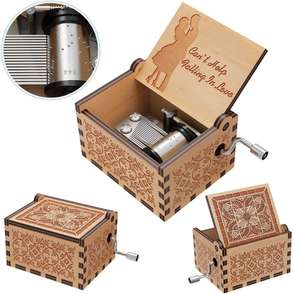 Wooden Hand-Cranked Music Box – "Can’t Help Falling in Love"