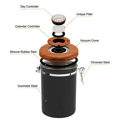 Coffee Storage Canister (1.8L Stainless Steel with Date Tracker)