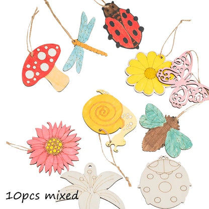 10pcs Spring Flower Wooden Ornament DIY Painting Hanging Pendants