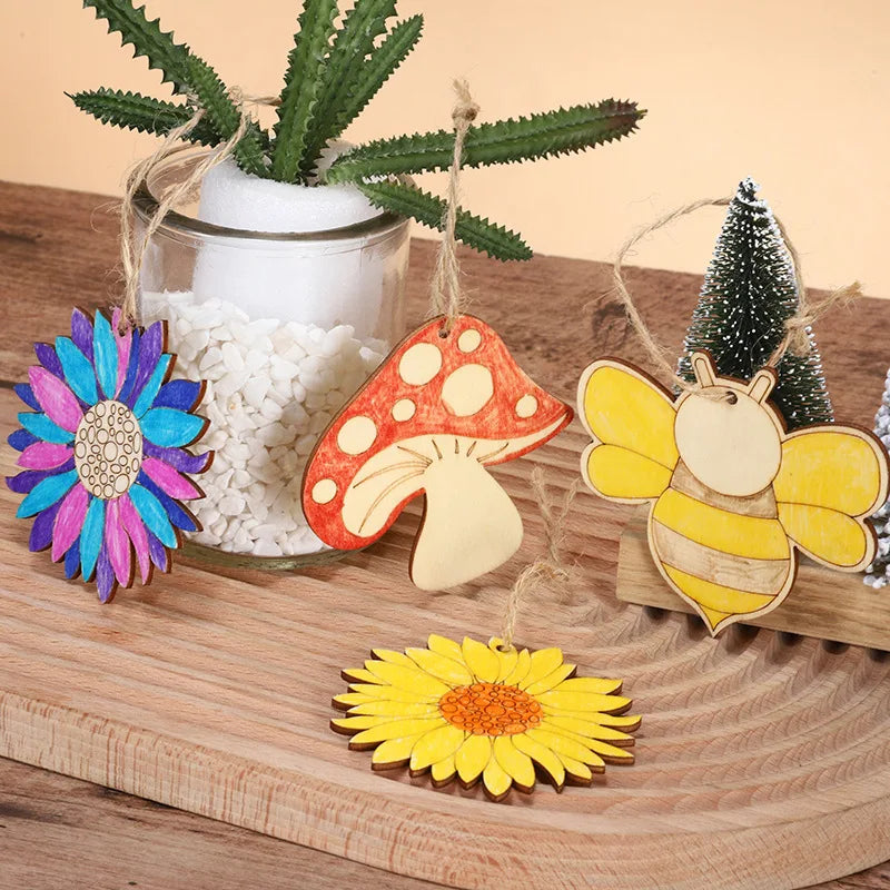 10pcs Spring Flower Wooden Ornament DIY Painting Hanging Pendants