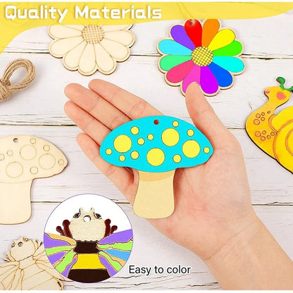 10pcs Spring Flower Wooden Ornament DIY Painting Hanging Pendants