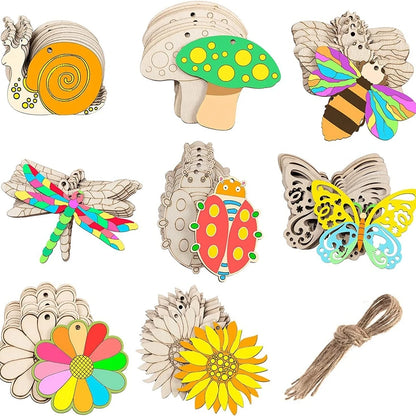 10pcs Spring Flower Wooden Ornament DIY Painting Hanging Pendants