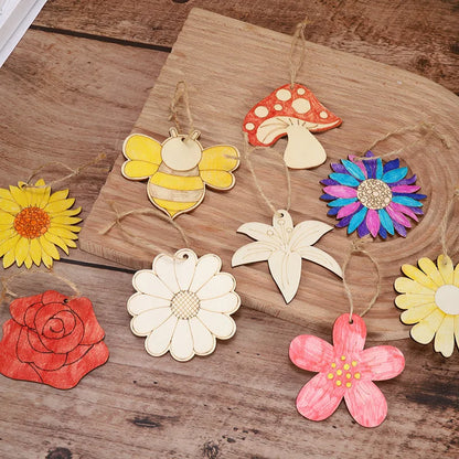 10pcs Spring Flower Wooden Ornament DIY Painting Hanging Pendants