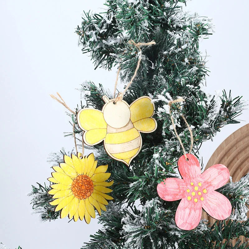 10pcs Spring Flower Wooden Ornament DIY Painting Hanging Pendants