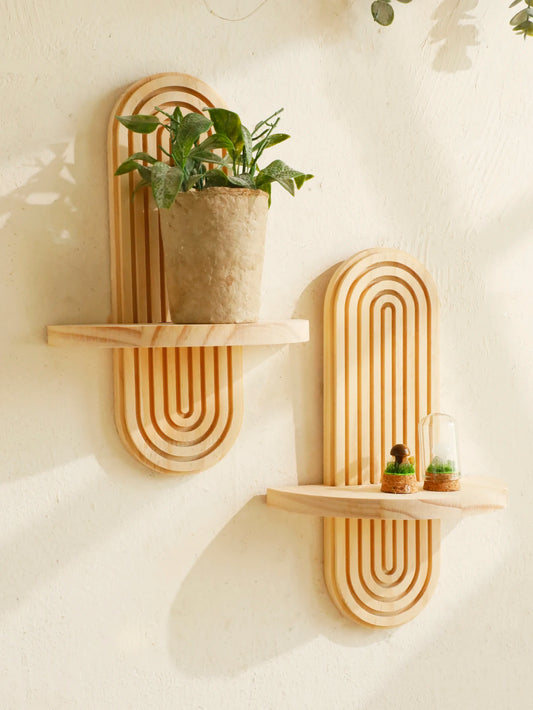 Boho Style Wooden Wall Shelves -Geometric Wall-Mounted Wooden Shelves