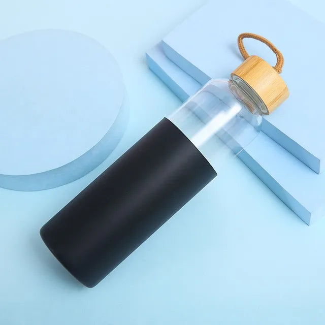 Bouteille d'eau en verre de 500 ml avec manchon en silicone résistant à la chaleur, petite ouverture, portable, étanche, avec poignée