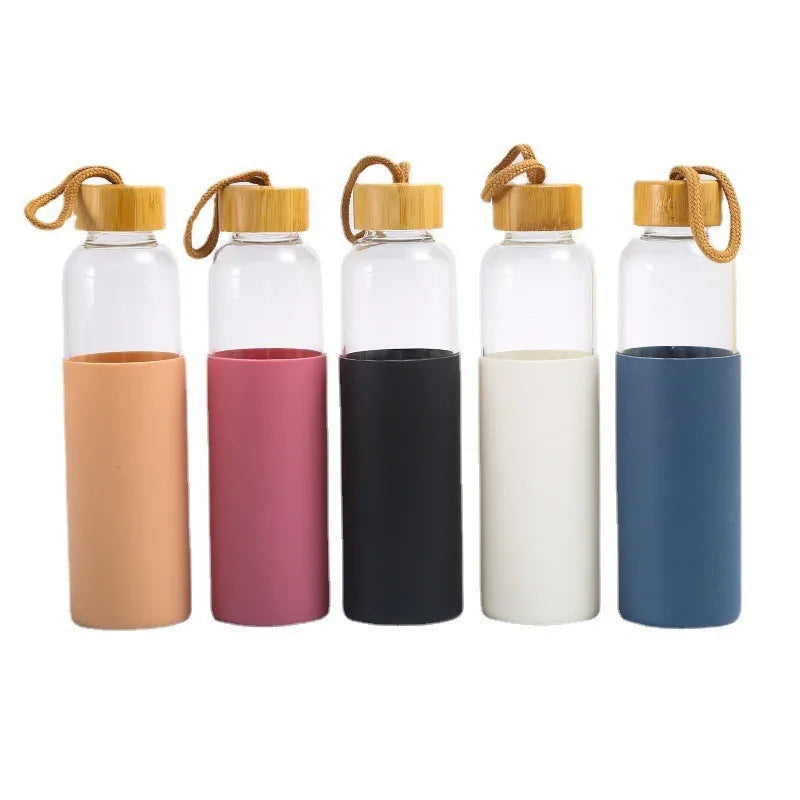 500ml Glass Water Bottle with Heat-resistant Silicone Sleeve, Small Mouth, Portable, Leak-proof, with Handle