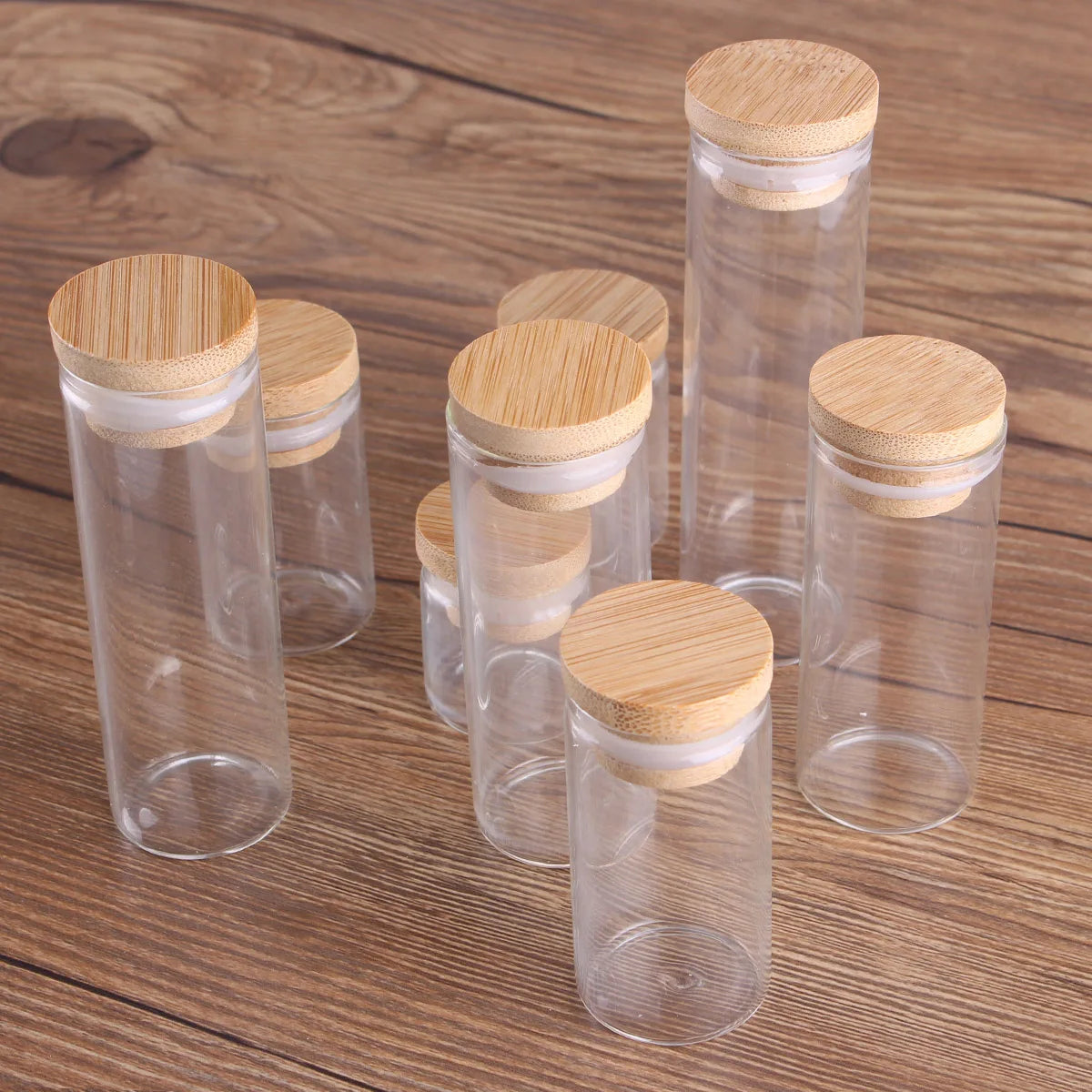 5pcs Glass Bottles with Bamboo Caps 10-50ml for Crafts & Storage