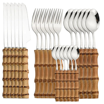 Gold Cutlery Set (16/24Pcs) with Mirror Stainless Steel and Bamboo Handle