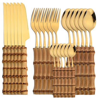 Gold Cutlery Set (16/24Pcs) with Mirror Stainless Steel and Bamboo Handle