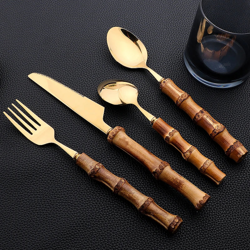 Gold Cutlery Set (16/24Pcs) with Mirror Stainless Steel and Bamboo Handle