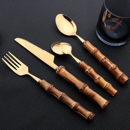 Gold Cutlery Set (16/24Pcs) with Mirror Stainless Steel and Bamboo Handle