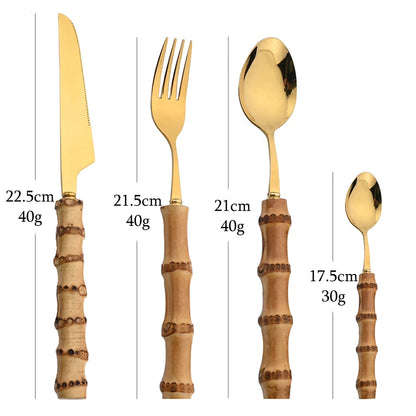 Gold Cutlery Set (16/24Pcs) with Mirror Stainless Steel and Bamboo Handle